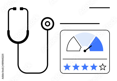 Healthcare evaluation. Stethoscope with rating scale emphasizing healthcare quality evaluation. Focus on satisfaction, performance, and service rating. For medical reviews, quality metrics