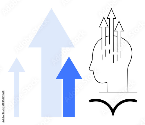 Growth concept. Growth ed by upward arrows and human head silhouette signifying creativity and progress. Growth innovation, ambition, success, and new ideas. Ideal for leadership, personal