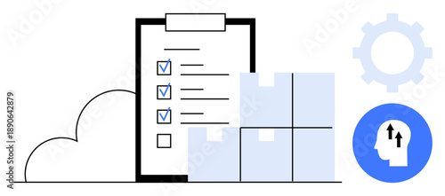 Supply chain concept. Supply chain process illustrated with checklist, cloud storage, and warehouse icons. Supply chain highlights organization and strategic inventory management. Useful