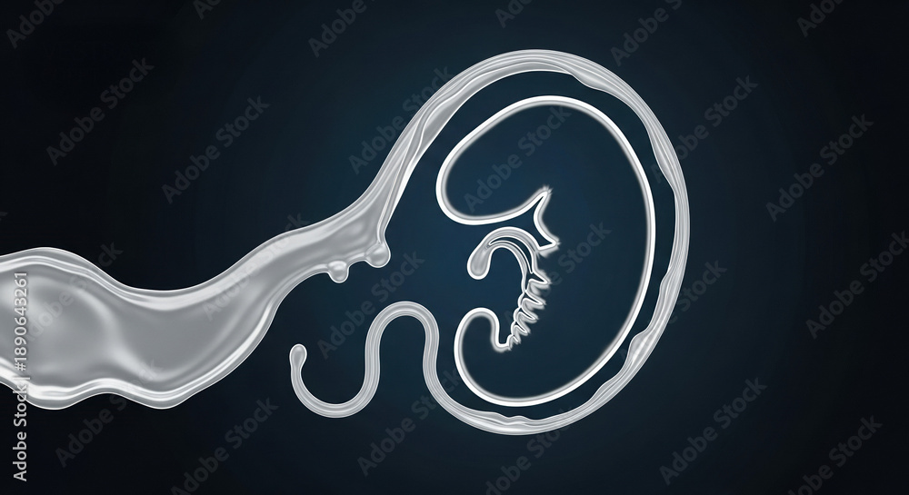 Fototapeta premium Abstract representation of an embryo in a fluid-like form, life,growth,and development against a dark background.concept of the Center for Reproductive Medicine,IVF.Copy Space.