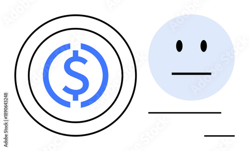 Finance, digital payments, identity verification, currency, user interface, cryptocurrency. Minimalist dollar symbol in a circle and basic face . Finance and digital payments visual theme