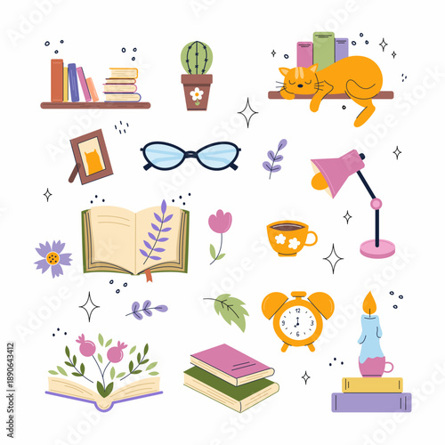Collection of icons with books. book publishing house or home library. Vector illustration with elements for postcard decor.