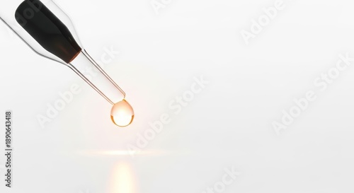 Close-up of a glass dropper releasing a single drop of liquid,capturing the essence of precision and purity in a minimalist setting.concept of the Center for Reproductive Medicine,IVF.Copy Space.