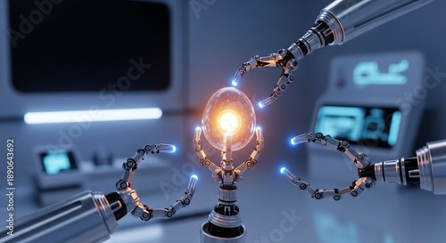 Robotic Hands Carefully Manipulating a Glowing Energy Orb in a Futuristic Laboratory Setting, Advanced Technology and Innovation,concept of the Center for Reproductive Medicine,IVF.Copy Space.