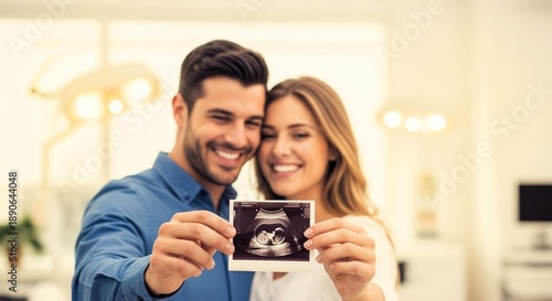 Happy couple celebrating their pregnancy by holding an ultrasound photo, showcasing joy and anticipation in a bright, modern setting.concept of the Center for Reproductive Medicine,IVF.Copy Space.