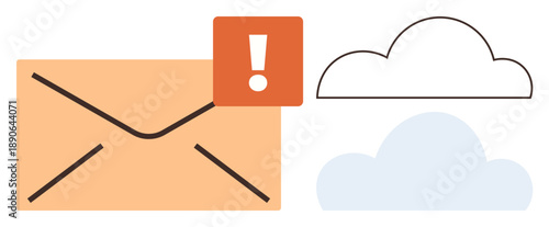 Email notifications, cloud storage, data sharing, online communication, digital security, warning messages. Envelope and exclamation icon near clouds. Email notifications and cloud storage