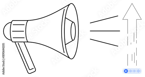 Marketing, communication, advertising, volume growth, information sharing, public speaking. Megaphone with sound waves and arrow pointing upward. Communication and marketing concept