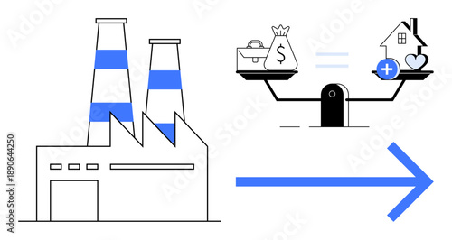 Economy concept. Economy balance illustrated with factory industry against symbols of financial and health values. Economy as balancing production and welfare. For business, sustainability