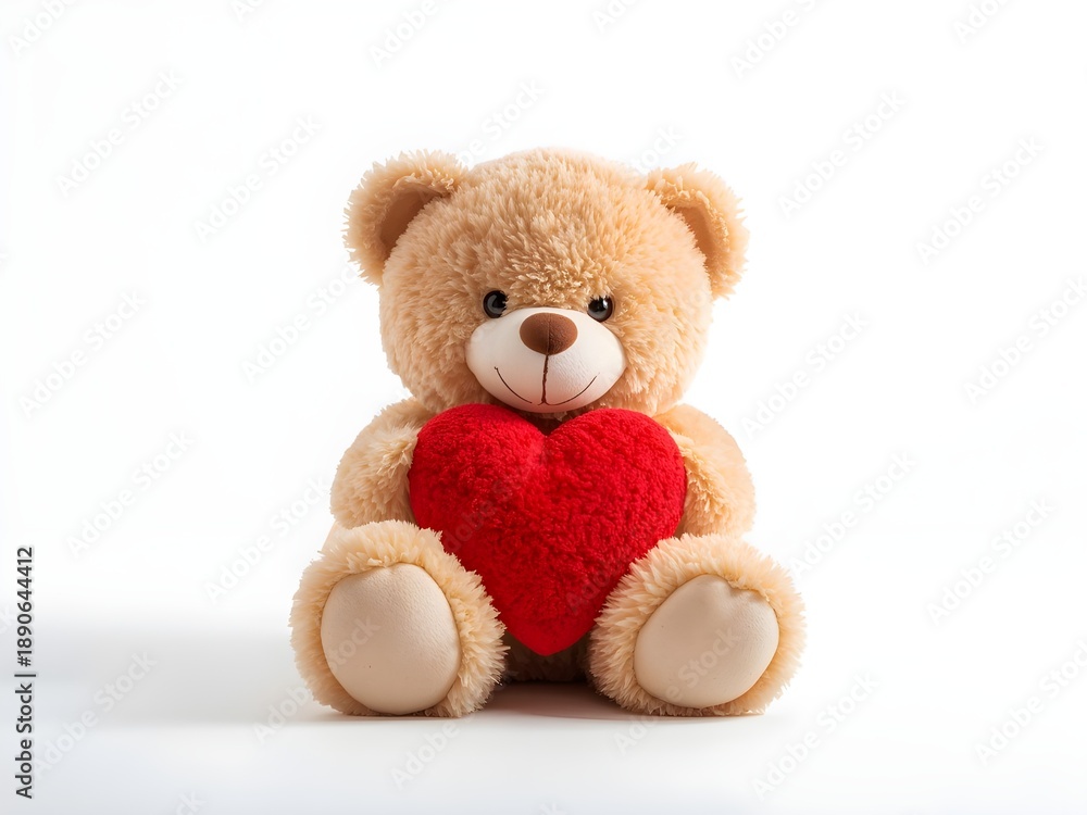 Obraz premium Cute Teddy Bear Holding Red Heart Isolated on White Background. Valentine's Day Concept. 