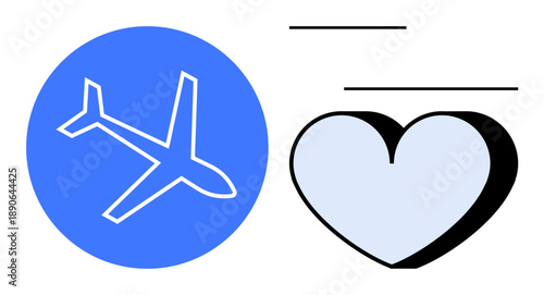 Travel inspiration, global connections, aviation, romance, expression, communication. Airplane inside a blue circle next to a heart symbol. Travel inspiration and global connections concept