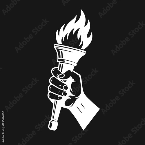 Human Hand Holding Lit Torch with Burning Flame Against Black Background.