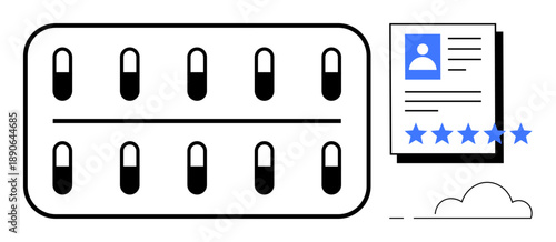 Pill blister pack next to user profile document with star rating, conveying modern healthcare and pharmaceutical themes. Ideal for healthcare technology, online reviews, patient satisfaction, digital
