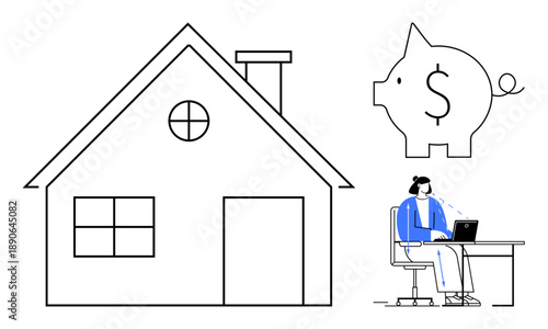Financial planning concept. Outline of a house homeownership, a piggy bank highlights savings, and a person working remotely reflects financial balance. Great for finance, real estate, work-life