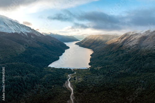 Cuadro en lienzo Aerial shot of Lake Escondido and Lake Villarino in Patagonia Argentina