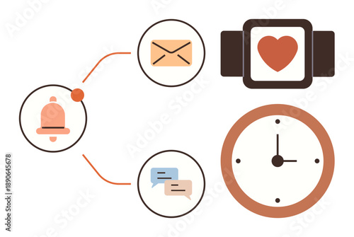 Smart devices, notifications, communication, health tracking, fitness tech, time management. Visual includes smartwatch, notification bell chat bubbles email icon heart display. Health tracking