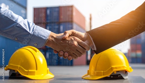 Business handshake over hard hats symbolizing agreement and partnership in logistics industry