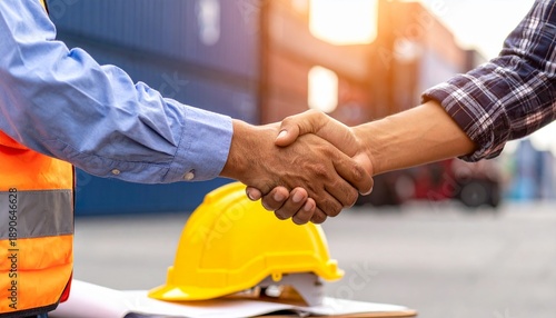 A handshake signifies a successful business deal between two people in a logistics or construction environment
