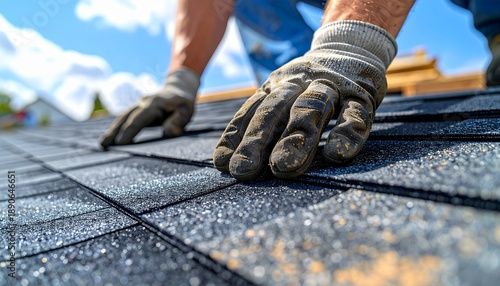Close-up shot of a roofer wearing gloves installing shingles on a house roof on a sunny day