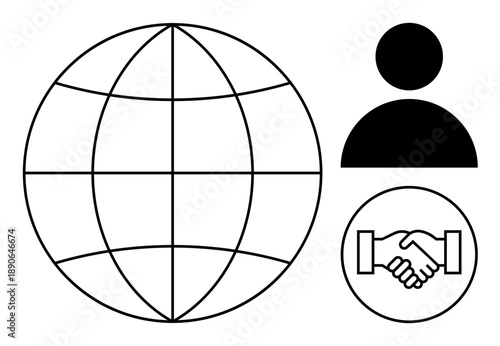 Global communication concept. Globally linked networks ed by a globe, a user icon, and a handshake international connections. For businesses, networking, and collaboration