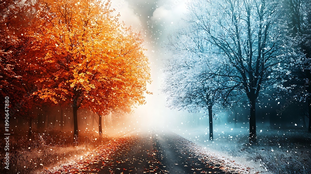 Obraz premium Season's Dichotomy: A serene juxtaposition of seasons, where the vibrant colors of autumn collide with the serene blues of winter. A path divides the landscape.