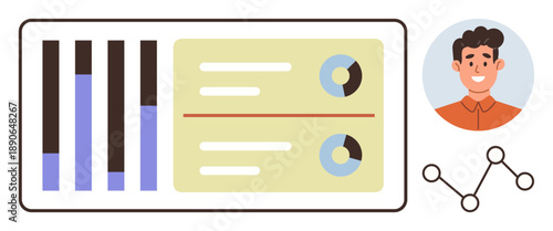 Business intelligence, data visualization, analytics, user profiles, decision making, performance monitoring. Bar graphs, pie charts user icon and network diagram. Data visualization and analytics