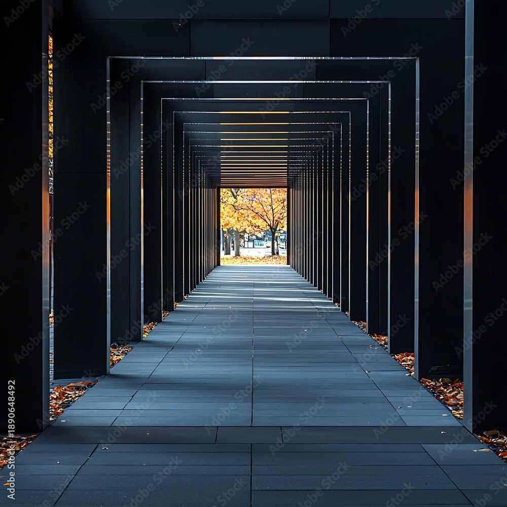 Fototapeta premium Architectural Perspective: Captivating shot of a modern architectural corridor, with linear perspective drawing the eye towards a distant, sunlit view.