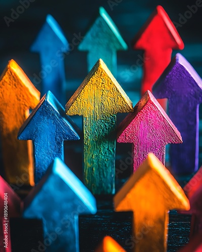 Arrows Pointing Up: A vibrant display of multicolored arrows pointing upwards, symbolizing growth, direction, and progress, set against a dark background.