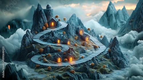Path to the Enclave: An ethereal landscape depicts a winding path leading to a cluster of quaint homes nestled amidst a majestic mountain range, enveloped by a sea of clouds.