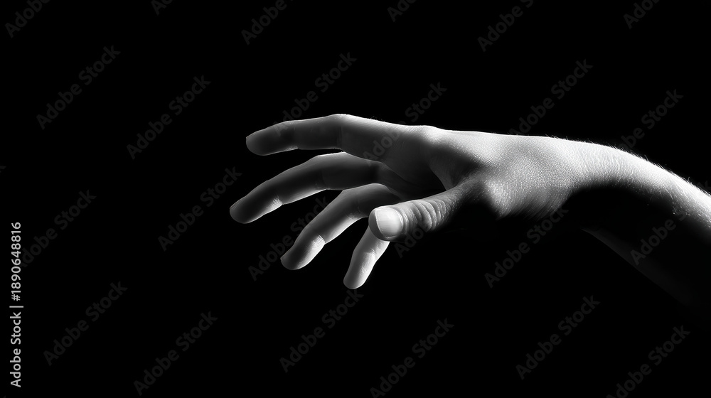 Fototapeta premium Reaching Hand: A grayscale image showcases a hand, fingers gently extended, reaching out from the shadows, bathed in soft, inviting light.