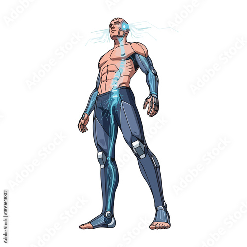Cyborg Man with Exposed Muscles and Circuitry.