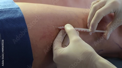 Leg sclerotherapy with a precise vein injection 4k video. Veins injection helps restore vascular function and appearance.