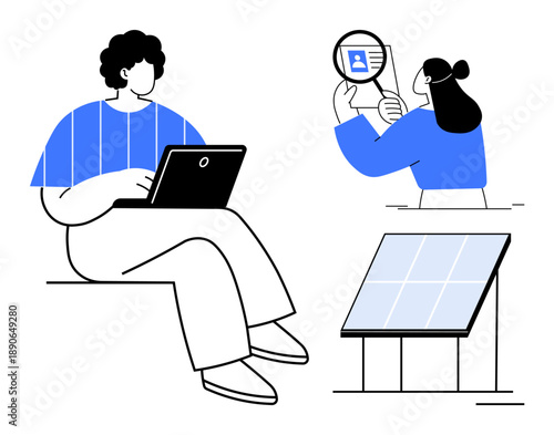 Digital work concept. Individuals working on laptops, identity verification through magnifying glass, and solar energy panels digital work, verification systems, and sustainability. Ideal