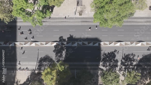 Aerial top down view over Paseo de la Reforma during the weekly 