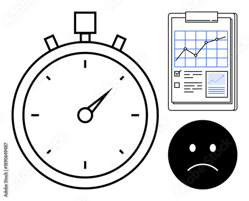 Time management, performance review, productivity tracking, business analysis, decision-making, work stress. Stopwatch, chart and sad face symbol. Time management and performance review concept