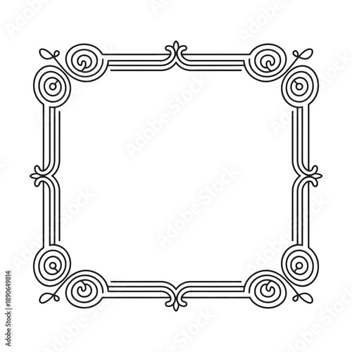 Monochromatic geometric vintage style frame with scrollwork corners and decorative finials