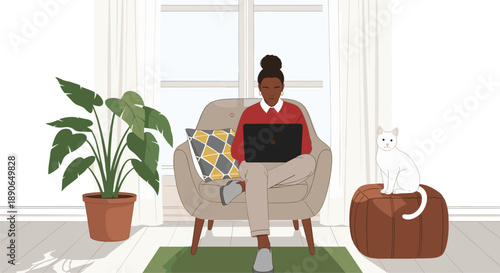 Black Woman Working on Laptop in Cozy Home Office with White Cat and Large Houseplant Sitting in Armchair for Freelance and Remote Work