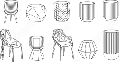Collection of Minimalist Geometric Furniture Line Art Icons Including Modern Chairs Mid Century Planters and Nordic Style Decorative Indoor Flower Pots for Interior Design Projects