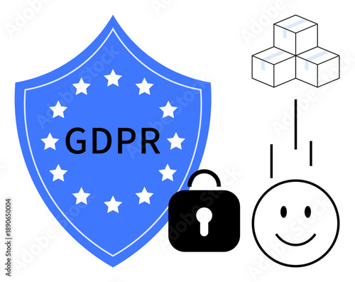 GDPR theme. GDPR compliance visual with shield, data storage, and lock for secure data management. GDPR ensures data protection, privacy preservation, and secure communication. Perfect for legal