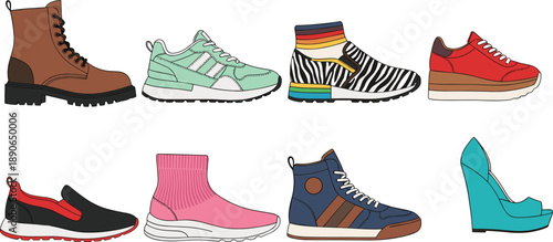 Diverse Modern Footwear Collection Featuring Rugged Brown Boots Athletic Sneakers Zebra Print Slip-Ons Pink Sock Shoes and Teal Wedge Heels for Fashion Styling Design