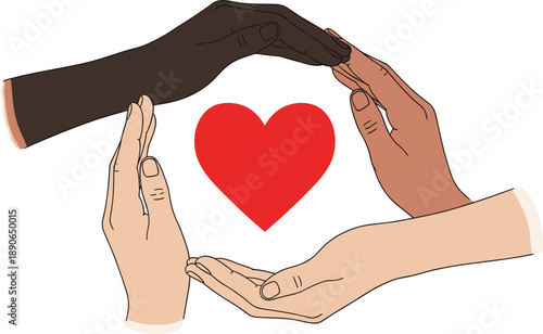 Diverse multiracial hands of different skin tones encircling a red heart shape representing global unity, inclusion, community support, love, and international cooperation concept.