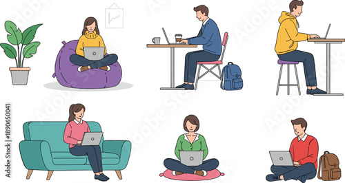 Diverse Set of Professional Men and Women Working on Laptops in Casual Remote Settings Including Bean Bags Couches and Cafe Tables Isolated on White