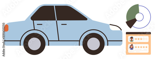 Vehicle sharing, customer reviews, transportation services, user experiences, data visualization, online platforms. Blue car with charts and rating interface. Vehicle sharing and customer review