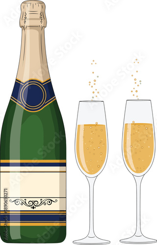 Flat Vector Illustration of a Green Champagne Bottle with Two Sparkling Flutes and Bubbles Isolated on White Background for Anniversary Wedding and Festive Celebration Design