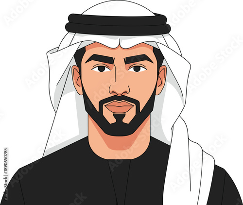 Flat Vector Illustration of a Handsome Arab Man Wearing Traditional Keffiyeh and Agal Isolated on White Background for Professional Business Avatar and Identity