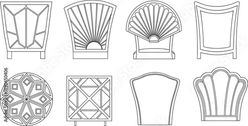 Hand-Drawn Black and White Art Deco Furniture and Geometric Pattern Set Featuring Ornate Chair Backs and Symmetrical Motifs for Luxury Vintage Interior Design