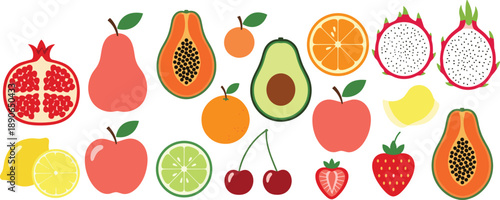 Large vector collection of flat design tropical and domestic fruits featuring sliced papaya, dragon fruit, avocado, pomegranate, citrus, berries, and apples on white background.