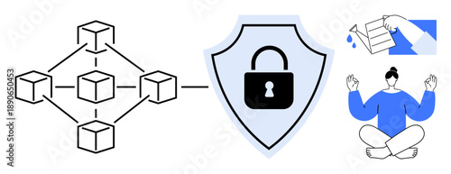 Blockchain technology, digital security, mindfulness, wellness, data privacy, and mental balance. Network of blocks, shield with lock hand holding a dropper person meditating. Blockchain