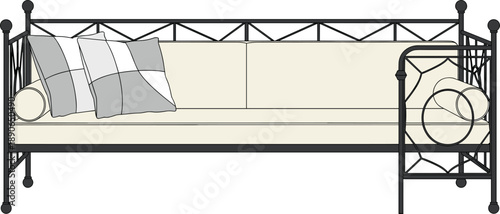 Minimalist Black and White Illustration of a Classic Wrought Iron Daybed with Plush Cream Cushions and Decorative Checkered Pillows Isolated on White Background