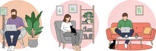 Set of Flat Vector Illustrations Featuring Remote Professionals Working from Home on Laptops and Relaxing in Cozy Interior Living Rooms with Pets and Plants