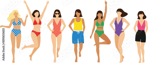 Set of diverse women in colorful swimwear and bikinis standing in various poses isolated on white background for summer beach party vacation and body positivity